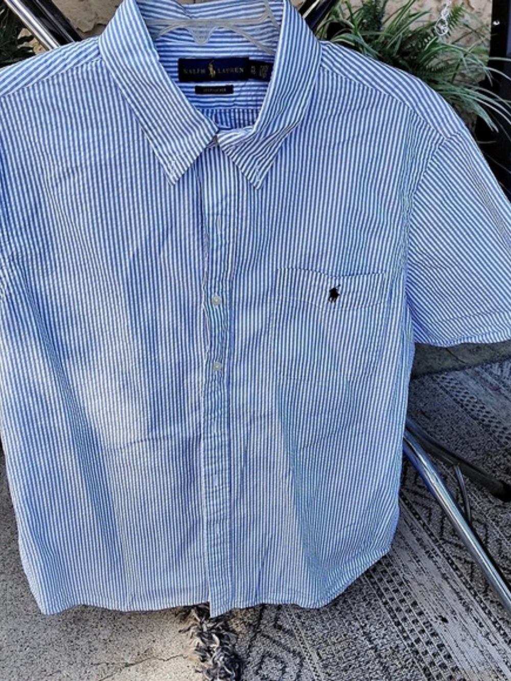 Ralph Lauren Seersucker Striped Short Sleeve Shirt in Blue & White XL